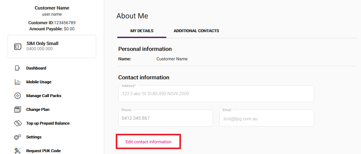 Screenshot My Account - Edit Contact information