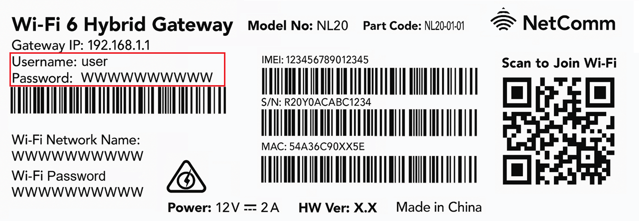 Diagram NetComm NL20 Modem Barcode Sticker