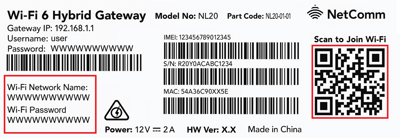 Diagram NetComm NL20 Modem Barcode Sticker