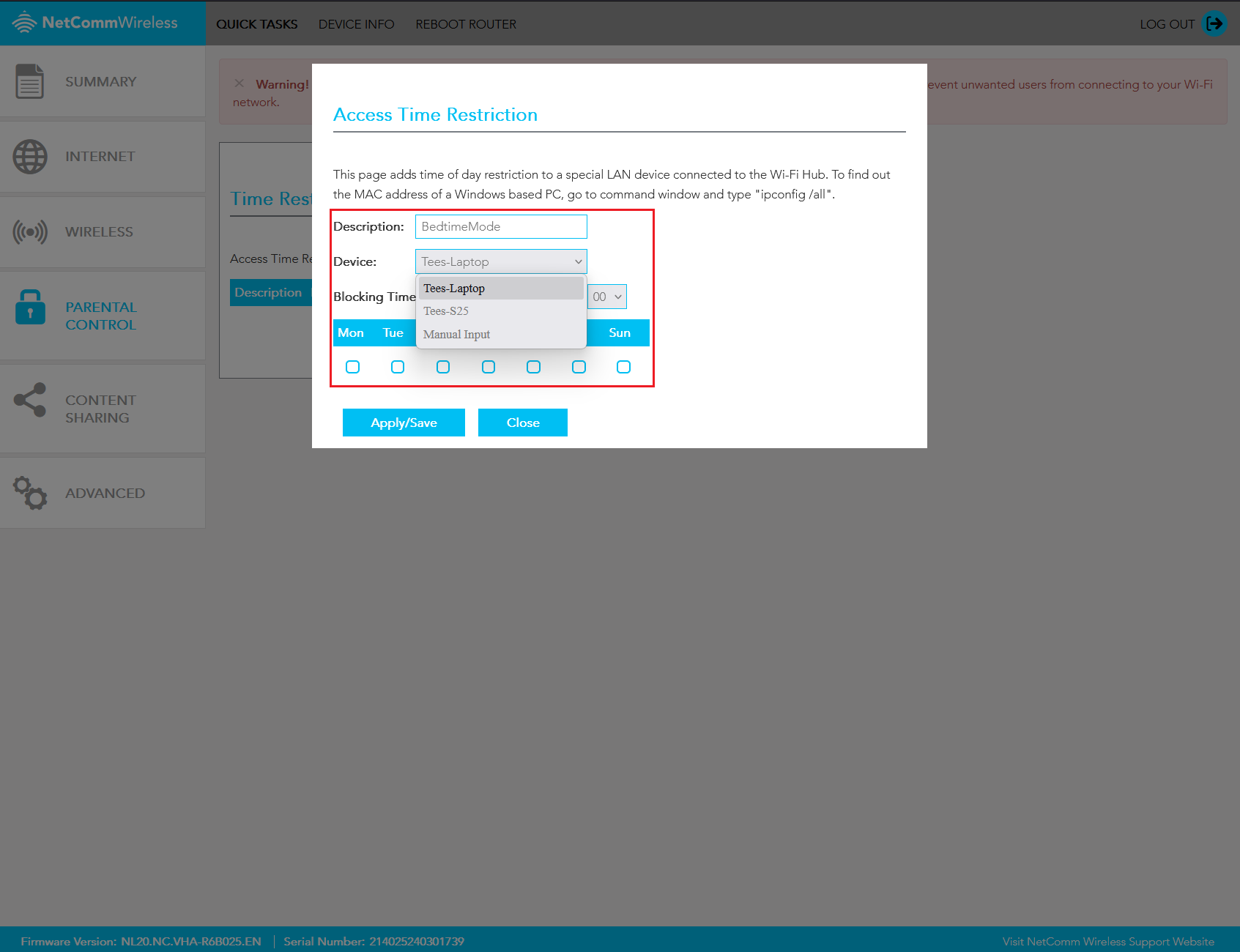Netcomm NL20 Parental Control Settings