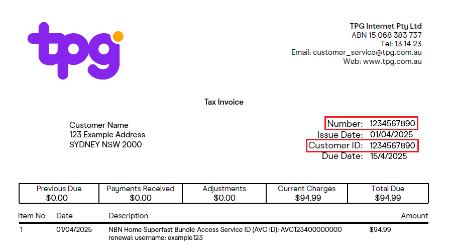 TPg invoice account number