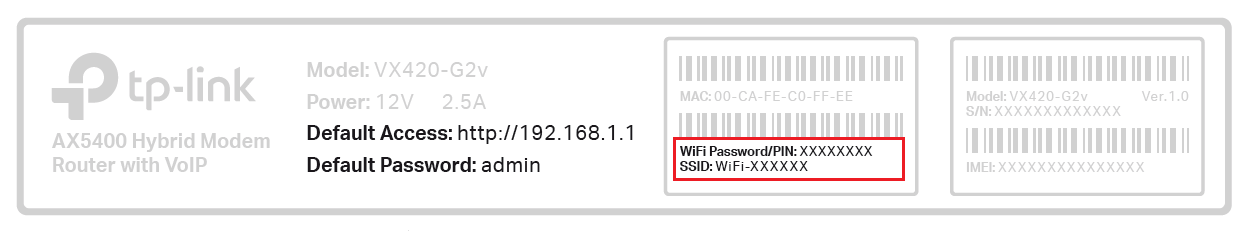 Diagram TP-Link VX420-G2v Modem Barcode Sticker - Wi-Fi Name and Password