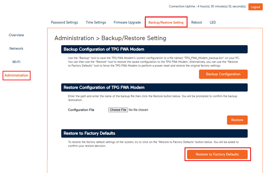 Modem Administration - Backup/Restore Setting