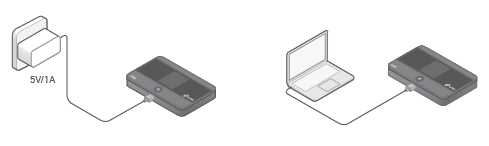 Pocket Wi-FI 5 charge port located at the base, shown plugged into USB power adapter and USB port of a laptop