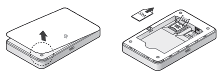 Pocket Wi-Fi 5 remove back cover using notched corner. While battery is removed, lift the SIM flap and insert SIM into the SIM slot